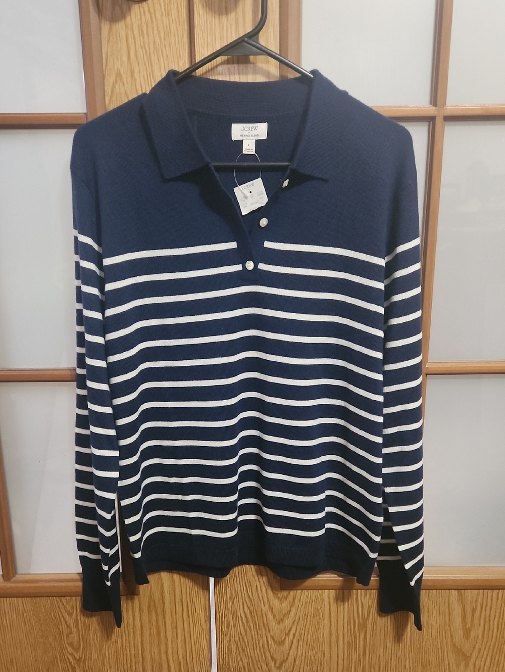 J.Crew Navy and White Striped Merino Wool Blend Sweater Polo Size Large Nwt